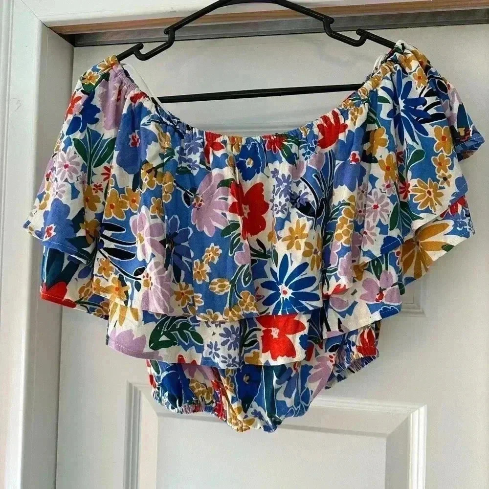 SugarLips Anthropologie Women’s Crop Floral Top Off Shoulder Ruffles Size XS NEW - Picture 2 of 5